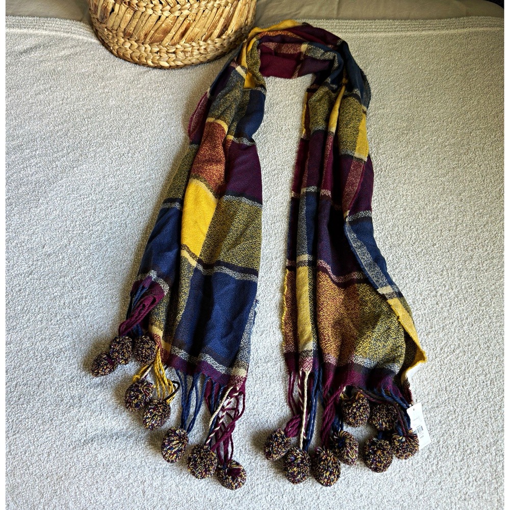 Francesca's NWT Plaid Pom Pom Blanket Scarf Burgundy Navy Mustard Fringe Winter